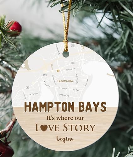 Hampton Bays Ornament Christmas Map City Hampton Bays NY It's Where Our Love Story Begins for Couple Hampton Bays Ornament 3 inch Circle Plastic