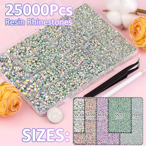 Image of 25000Pcs Resin Rhinestones for Crafting, AB 2-6mm Mixed Sizes Non Hotfix Flatback Gems with 1Pcs Glue, Bedazzling Crystal for DIY Craft Clothing Mugs Tumblers Shoes Fabric Decor Nail Art