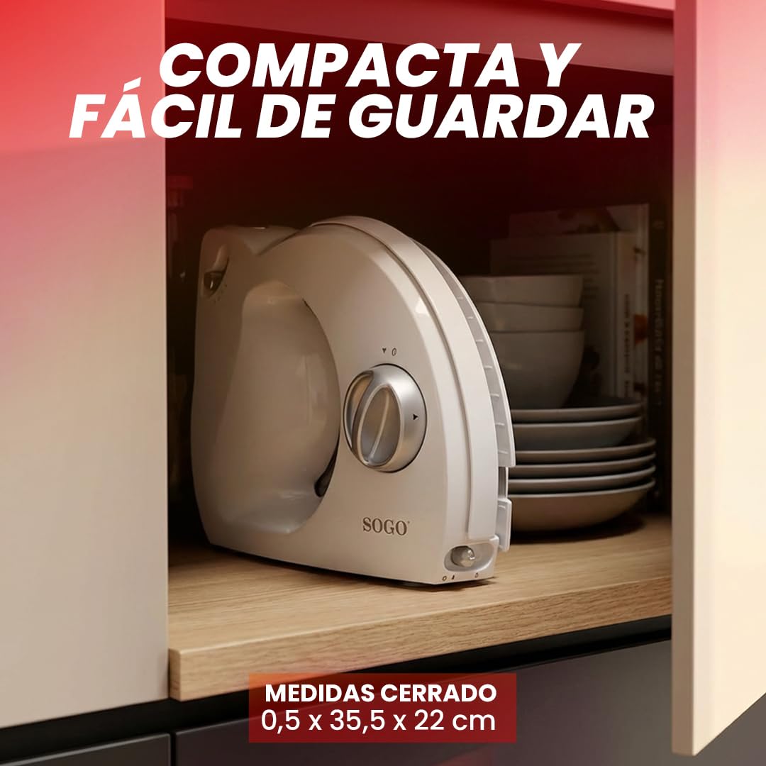 Sogo Cortadora de Fiambre Plegable con Cuchilla Dentada Circular 170mm Acero Inoxidable - Cortafimabre Eléctrico con 3 Niveles de Potencia - Máquina de Cortar Embutido con Botón de Seguridad
