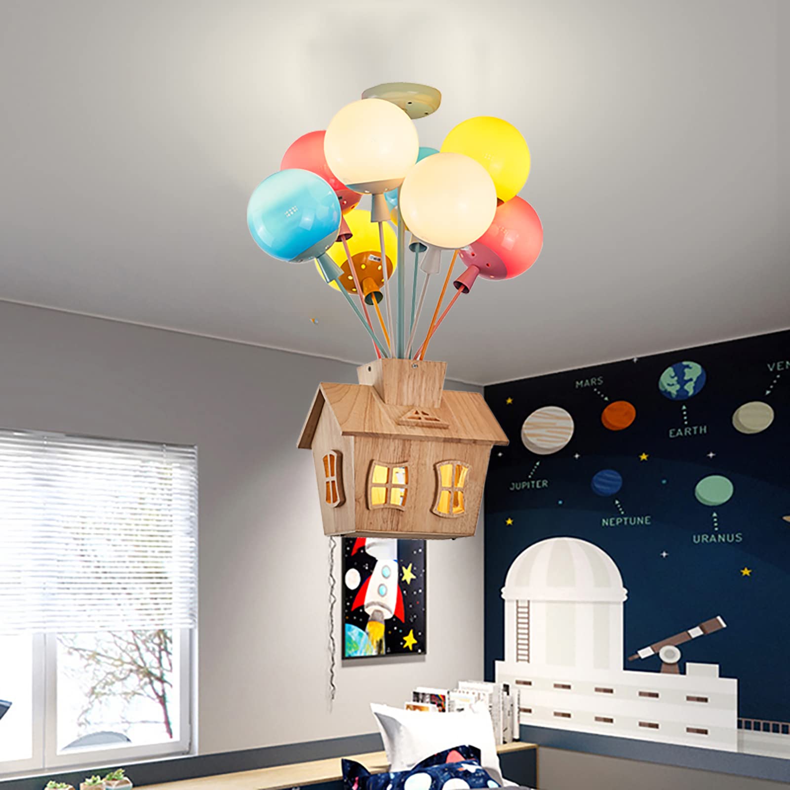 Lámpara de Techo Habitación Infantil, Lámpara Colgante Niños LED Madera Para con Control Remoto, Luz de Globo Cristal Redonda, Luce de Techo Moderna Para Chico Chica Dormitorio (Incluye Bombillas)