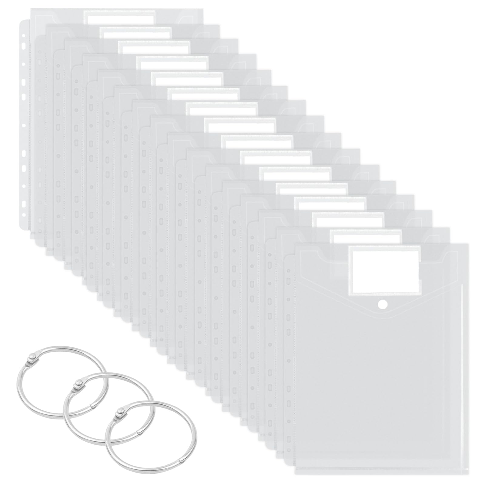VEGCOO 20 Pack A4 Plastic Wallets, Punched Clear Document Pockets, a4 Vertical Plastic Folders with 11 Hole Ring Binder 3 Pcs Binders for Office,School,Travel