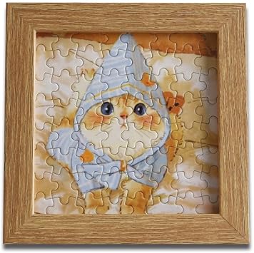 4 x 4 Inch Small Picture Frame with 64 Pieces Mini Jigsaw Puzzles for Adults, Cute Blue Hat Cat Jigsaw Puzzle Frame,Tabletop Display Wooden Photo Frame for Home Decor