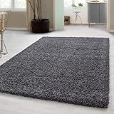 Teppich Hochflor Shaggy Teppich Unicolor einfarbig Teppich farbecht Grau, Maße:60 cm x 110 cm