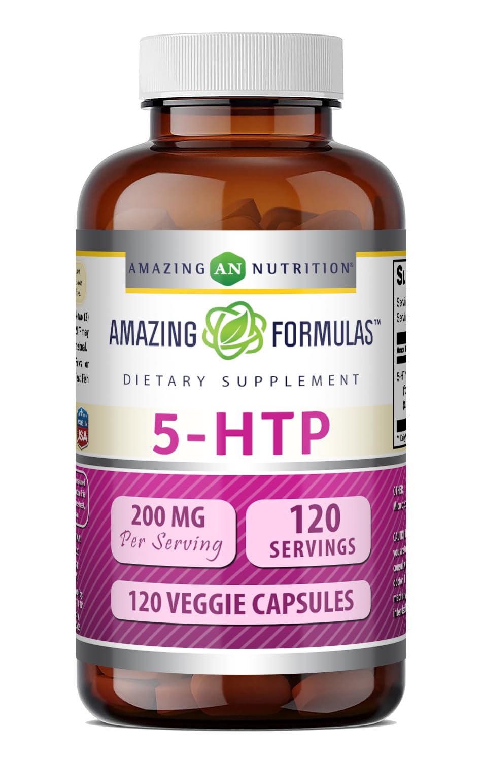 Amazing Formulas 5-HTP (L-5-Hydroxytryptophan) Supplement | 200 Mg per Serving | Veggie Capsules | Non-GMO | Gluten-Free | Made in USA (1 Pack | 120 Count) Unflavored 120 Count (Pack of 1)