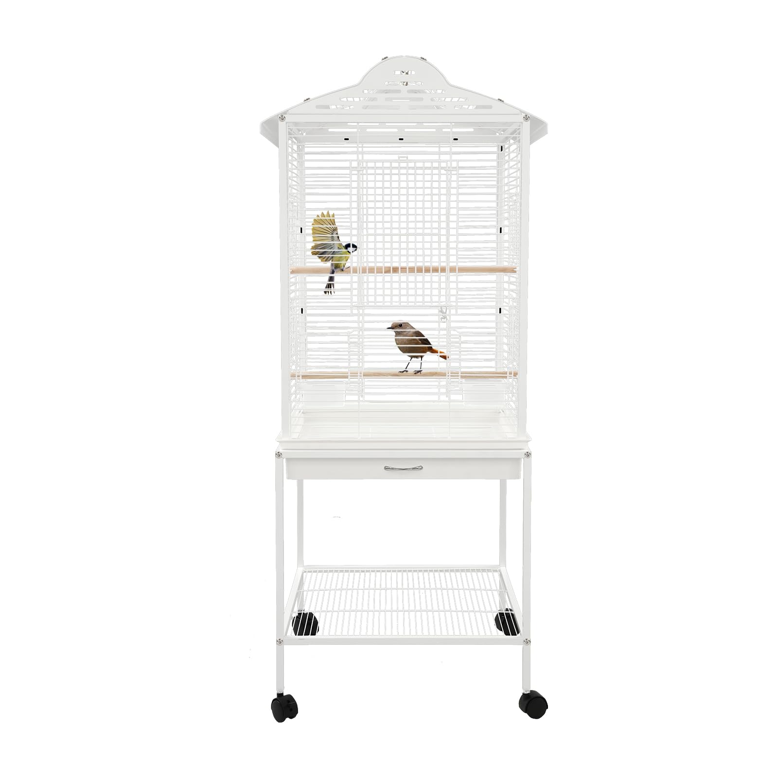 Vogelkäfig Wellensittich Groß mit Rollen 122 cm, Voliere für Sittiche & Papageien, Freisitz Dachöffnung, Herausziehbare Schublade, Futternäpfe, Vogelvoliere Innenraum mit Ablagefach, 48 × 46 × 122 cm