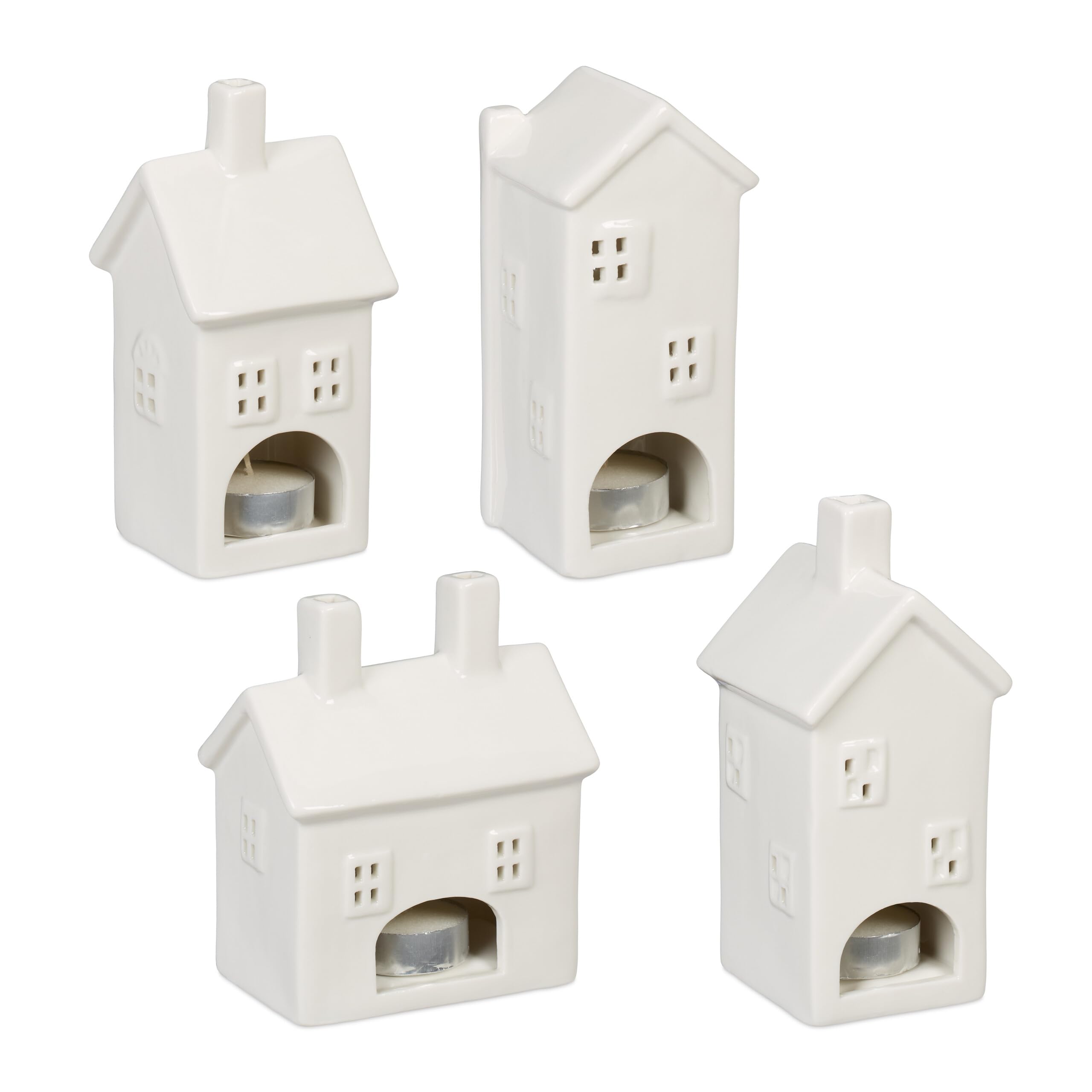 Relaxdays Ceramiczny domek na podgrzewacze, 4 świeczniki na 1 podgrzewacze, z napisem domowym, biały, 6 cm