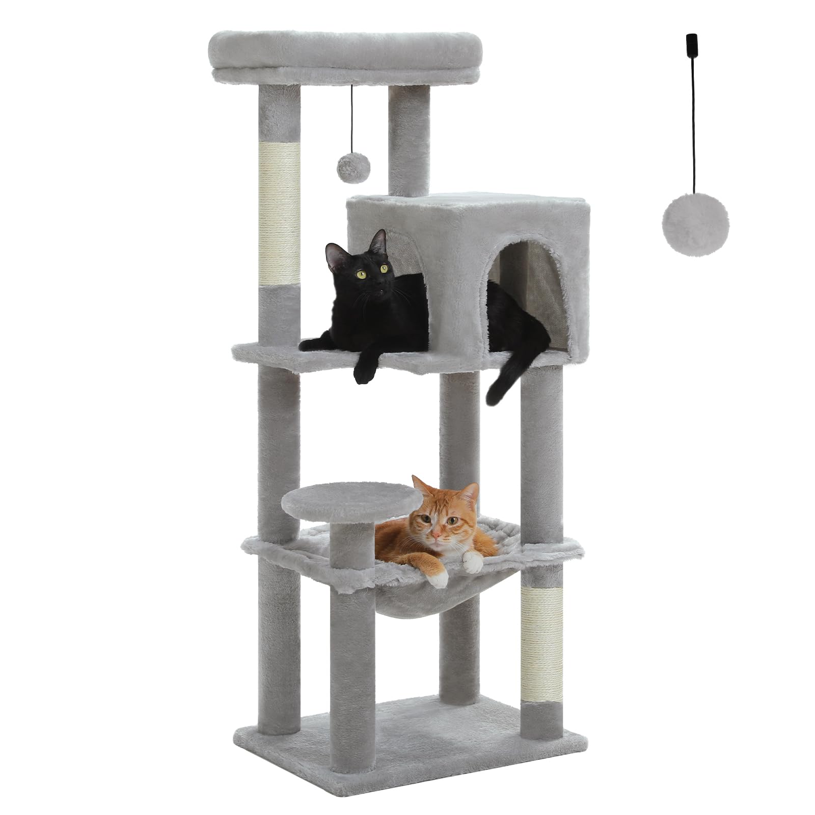 PAWZ Road Cat Tree with Metal Frame Hammock and 2 Sisal Scratching Posts, Cat Tower with Cozy Condo and Replacable Dangling Ball, Activity Center Stable and Sturdy, 113cm Grey