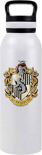 Harry Potter OFICIAL Hufflepuff Crest - Botella de agua aislada de 24 onzas, resistente a fugas, acero inoxidable aislado al vacío con tapa de