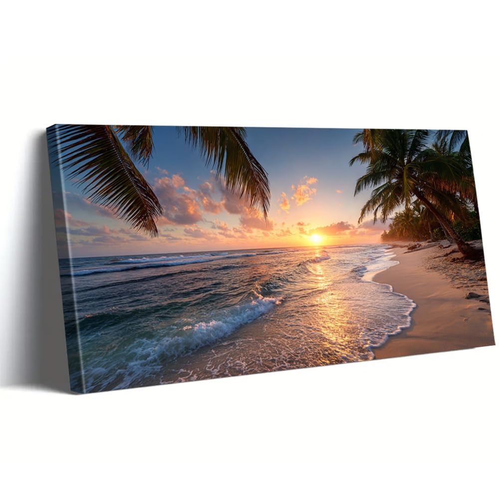 AEFOUU Ocean Waves Canvas Painting Palm Tree Prints Poster Wall Art Modern Home Decor Classic Artwork Poster for Living Room(25x50cm/10x20in/Frameless)