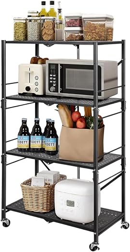 BonKaso Foldable 4-Tier Kitchen Storage Rack | Heavy-Duty Metal Trolley Stand with Wheels | Movable &amp; Multifunctional Shel...