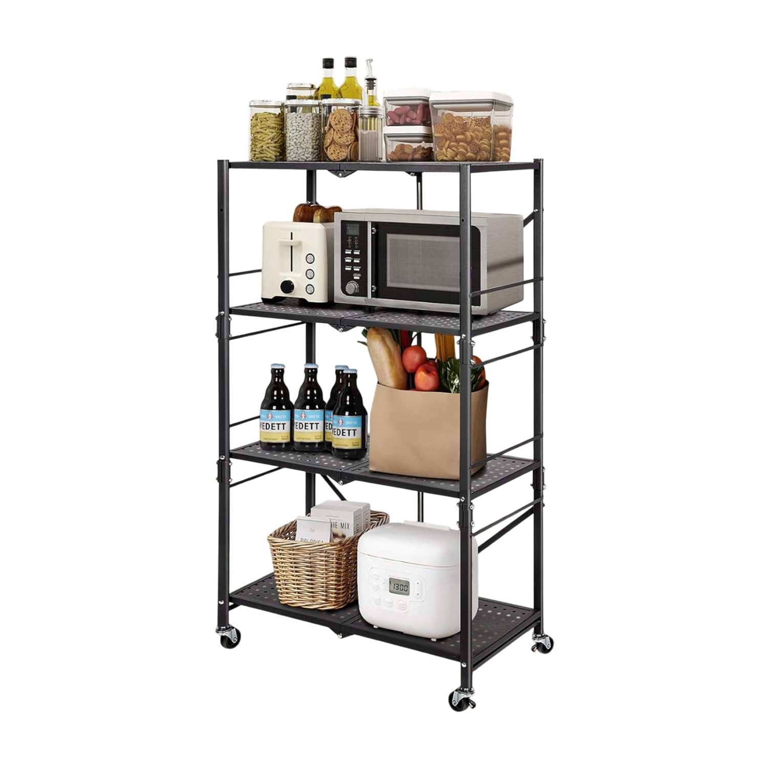BonKaso Foldable 4-Tier Kitchen Storage Rack | Heavy-Duty Metal Trolley Stand with Wheels | Movable & Multifunctional Shel...