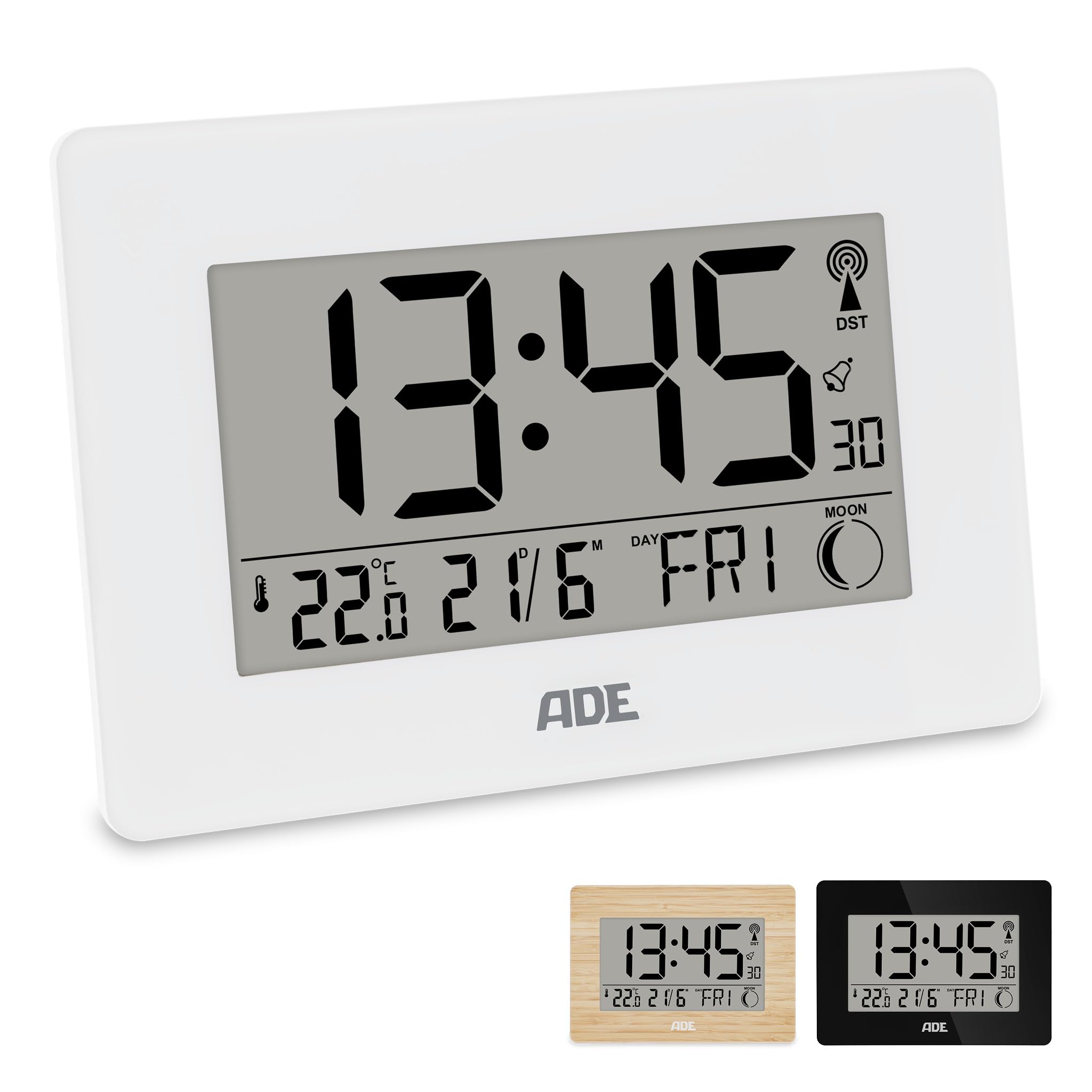 ADE Reloj Digital Grande radiocontrolado con dígitos XXL | Reloj de sobremesa y de Pared con Calendario | con termómetro | Despertador radiocontrolado a Pilas | Blanco