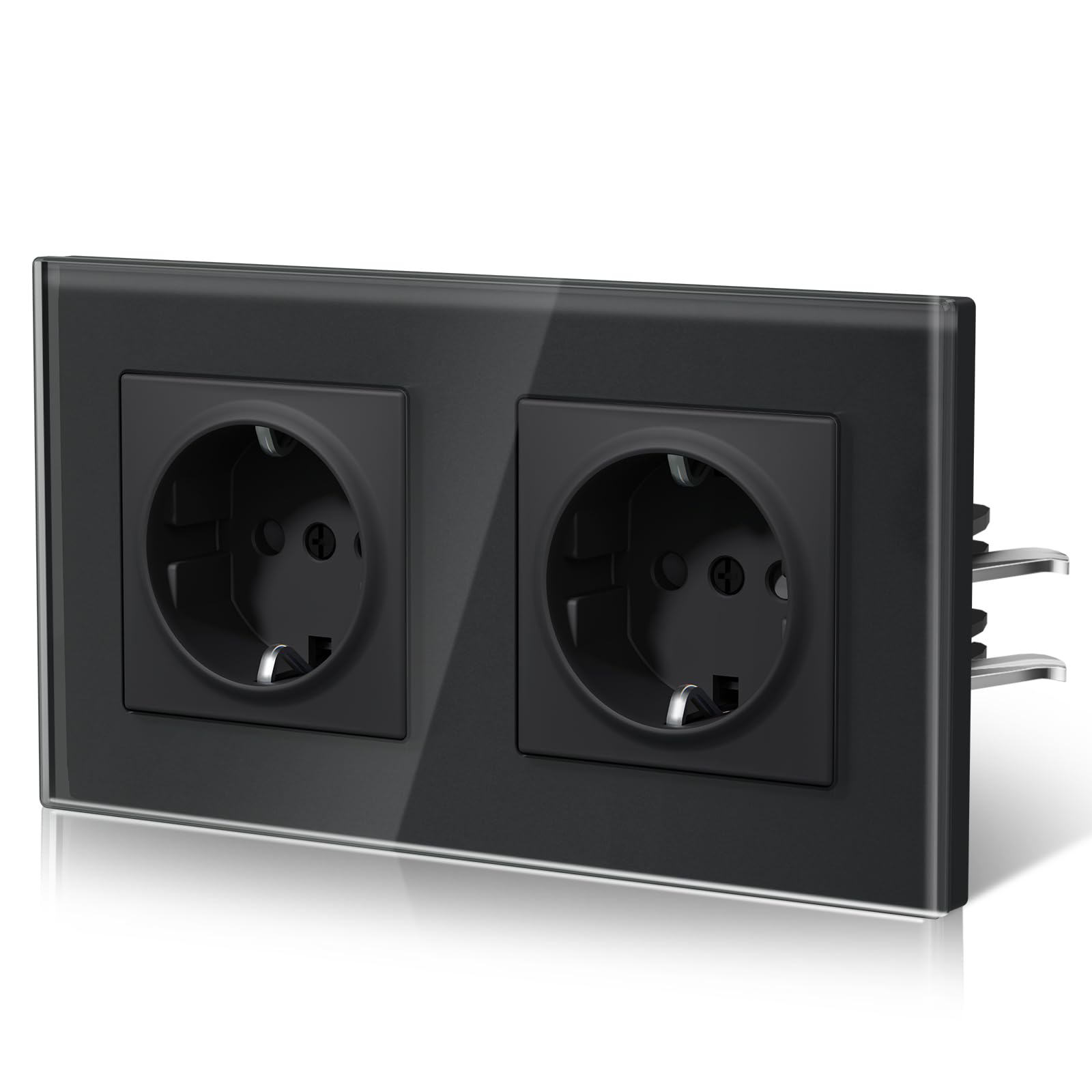 BSEED Steckdose aus Glas, EU-Standard Wandsteckdose mit Krallen, Einbausteckdose mit Kindersicherung, Einfach Montage, Neu E-Serie, 16A 250V,2 Fach,157mm Schwarz