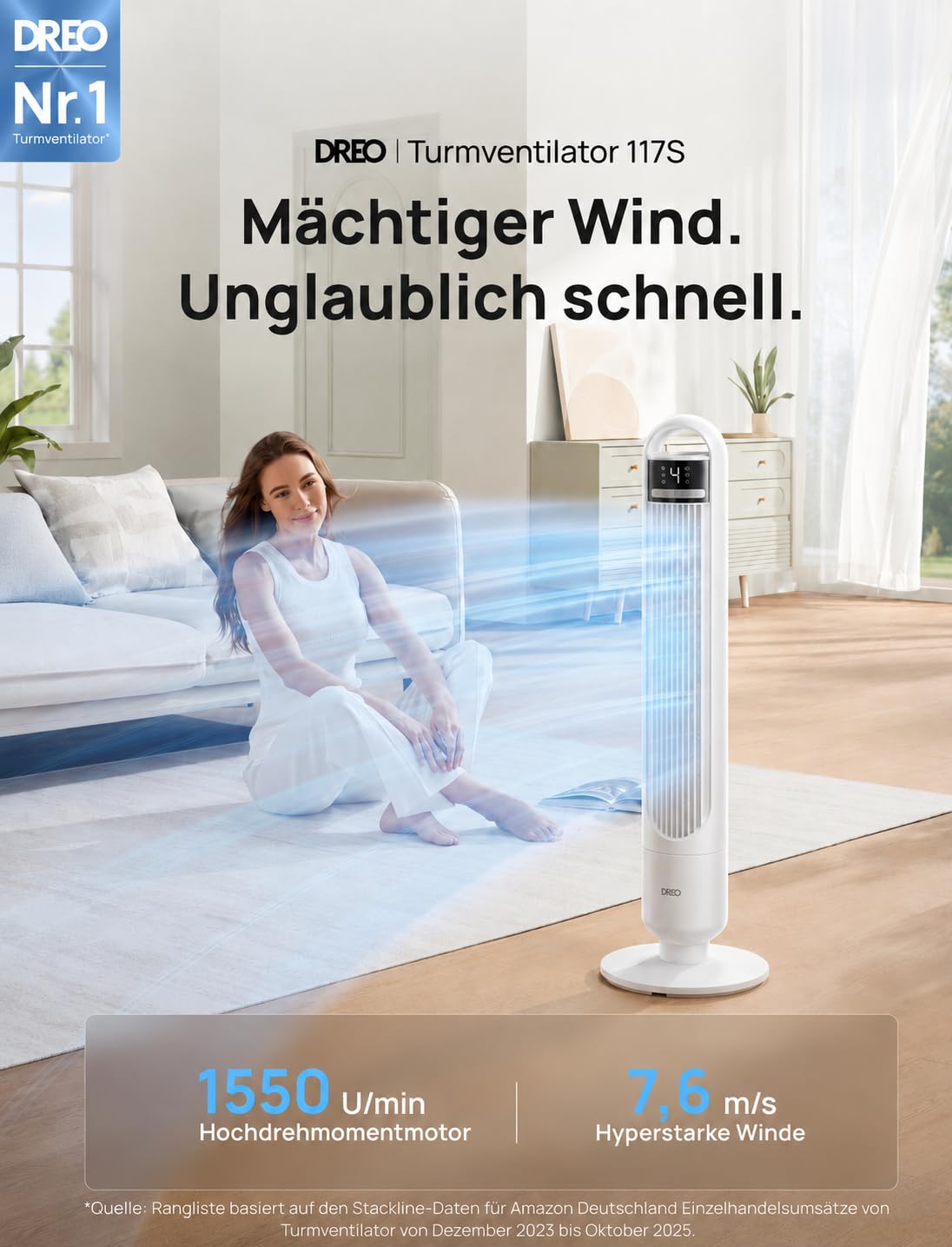 DREO Smart Turmventilator fürs Schlafzimmer, leiser Standventilator mit 28 dB, Luftreichweite bis 8,8 m, 4 Stufen & 3 Modi, 8 Std.-Timer, App, Alexa & Google, 90° Oszillation, für Zuhause/Büro