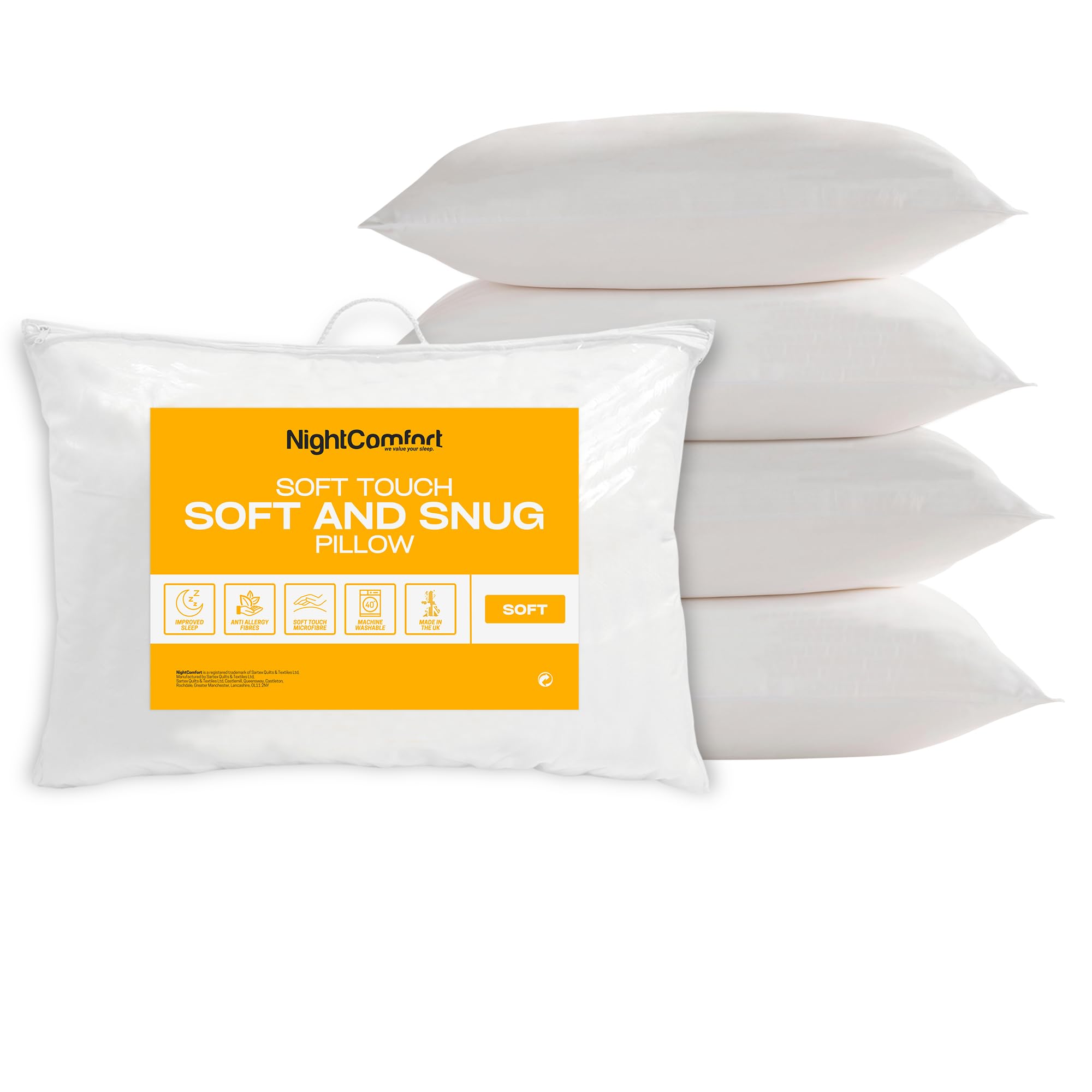 Night Comfort Soft & Snug Anti-Allergy White Pillow Pack of 4 – Waterproof Hypoallergenic Breathable Soft Support Pillows for Front and Stomach Sleepers Filled with Bouncy Hollowfibre (46cm x 74cm)