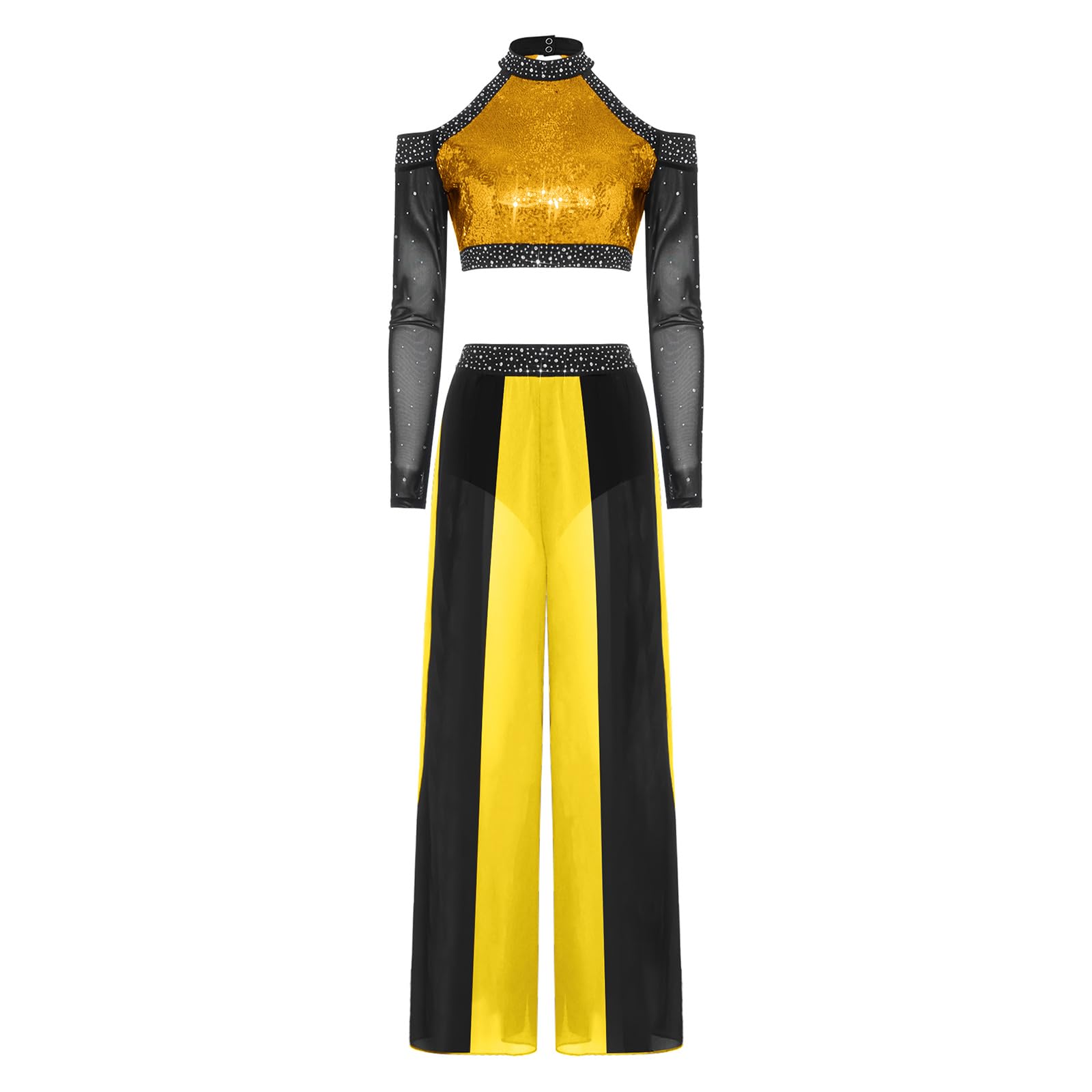 Aislor Donna Abbigliamento da Ballo Lirico A Due Pezzi Completo Danza del Ventre Truccoletti con Sequine + Pantaloni Largo Pantalone Fenduti