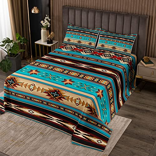 Erosebridal Aztec Quilted Ethnic Tribal Arrow Bedspread,Vintage Southwestern Native Bohemian Coverlet Set Queen,Western Star Quilt Set Exotic Geometric Diamond Stripes Room Decor,Teal Blue a