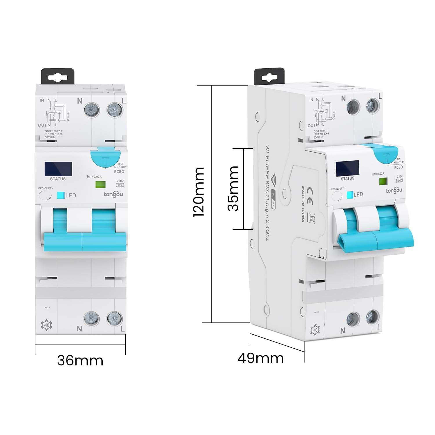 TONGOU Interruptor diferencial Superinmunizado WIFI/TUYA App， Auto Rearmable Disyuntor 1P+N，Rearme Automatico con Sobrecorriente y Fugas 1-40 A, 30-100 mA ajustable ，Clase AC 6Ka Carril Din RCBO