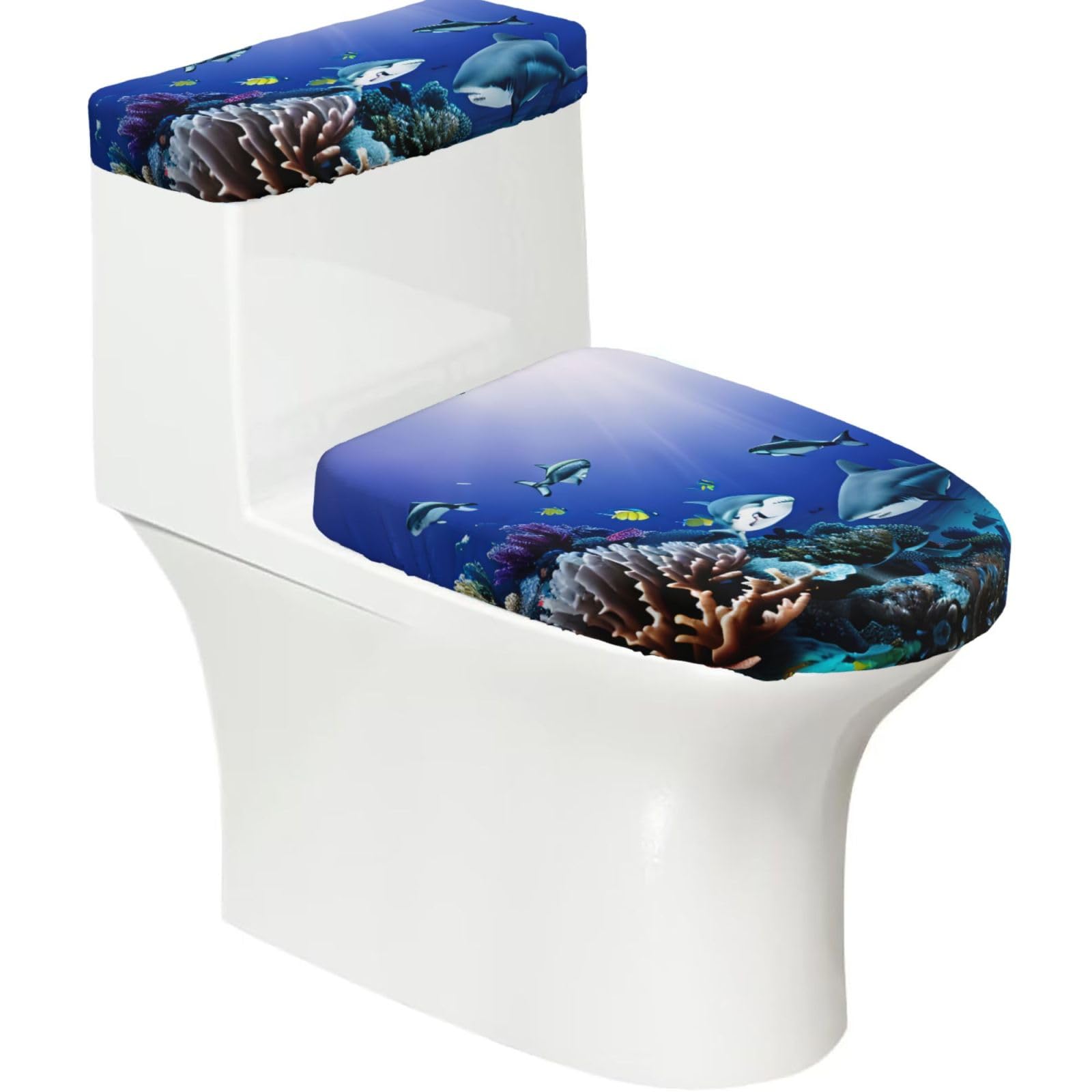 Shark Swimming Under the Sea Printed Toilet Tank and Lid Cover Set of 2 for Most Bathrooms, Fits Elongated Round Toilets