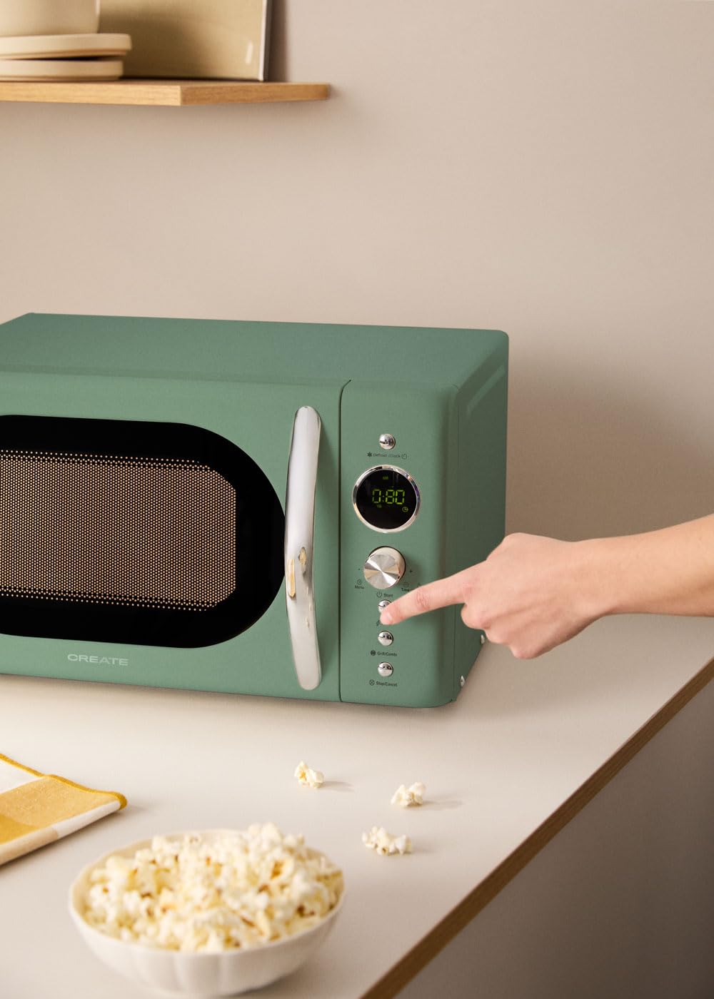 CREATE/MICROWAVE RETRO/Micro-ondes grill numérique vert sauge/Style rétro, capacité 20L, plateau Ø245 mm, 3 programmes, 9 menus préinstallés, cuisson en plusieurs étapes, écran LCD, 900W