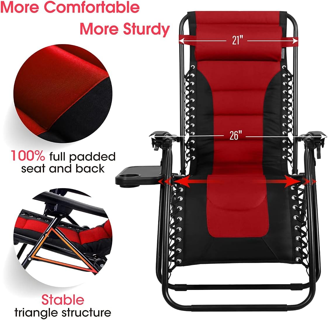 Oversized Zero-Gravity Chair Set 2 Steel Outdoor Reclining Red Canopy Luxury Patio Porch Person Bench Lawn Garden Furniture Hanging Lounge Desk Couple Family Home Capacity 300 Pound Each