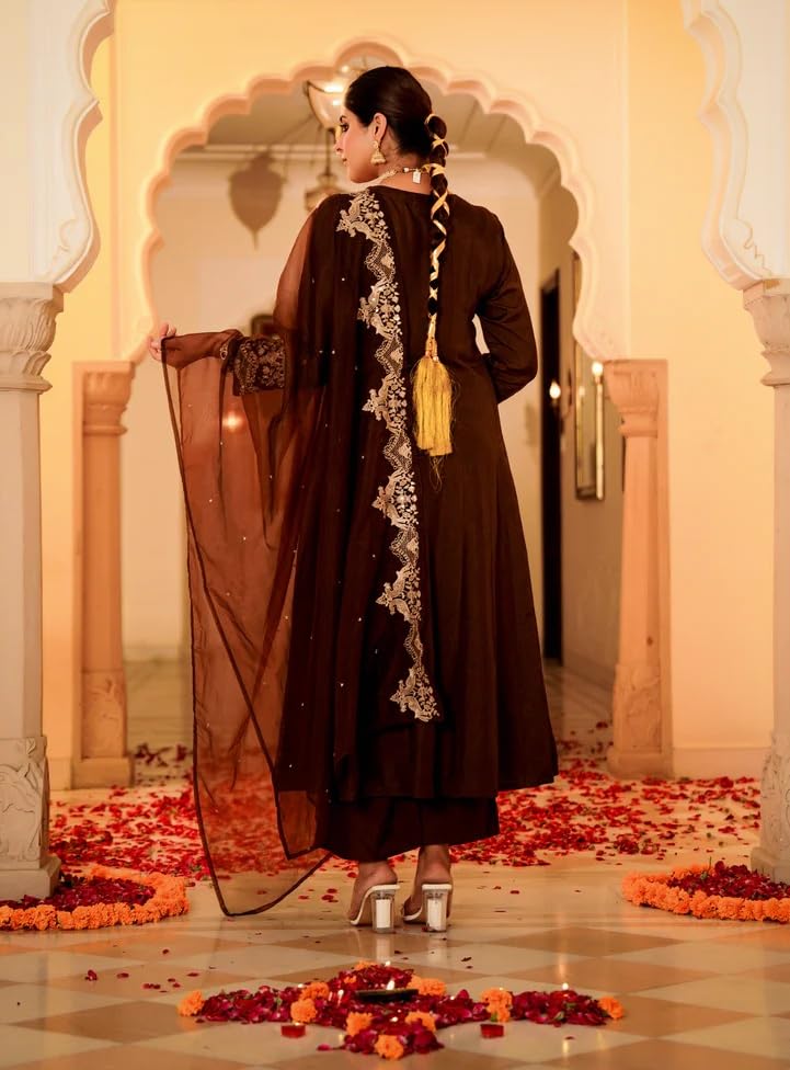 Image of Nermosa Women Solid Anarkali Kurta and Pant Set with Dupatta | Solid Kurta Set | Embroidery Kurta Set | Women Kurta Set |