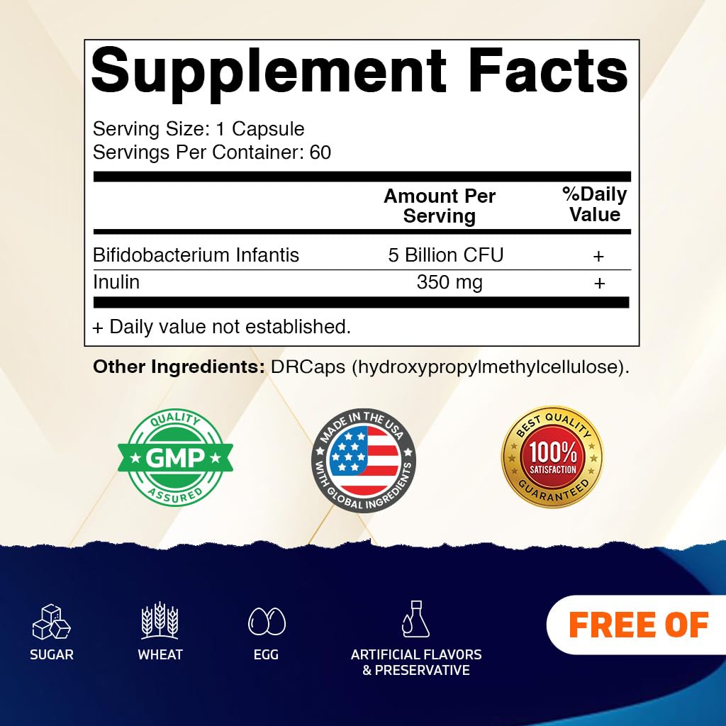 Vitamatic Bifidobacterium Infantis - 5 Billion per DR Capsule - 60 Count - Digestive Support - Made with Prebiotic Inulin Fiber — Amazon image 2