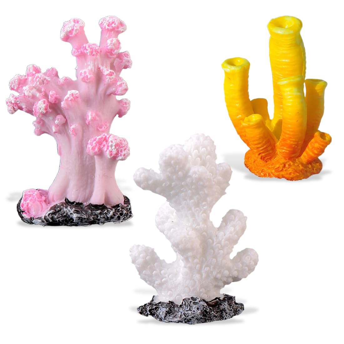 Lot de 3 Mini Coraux Décoratifs pour Aquarium - Résine Colorée Imitation Naturelle - Plantes Aquatiques Artificielles - Décoration Fond Marin (Style Récif Corallien)