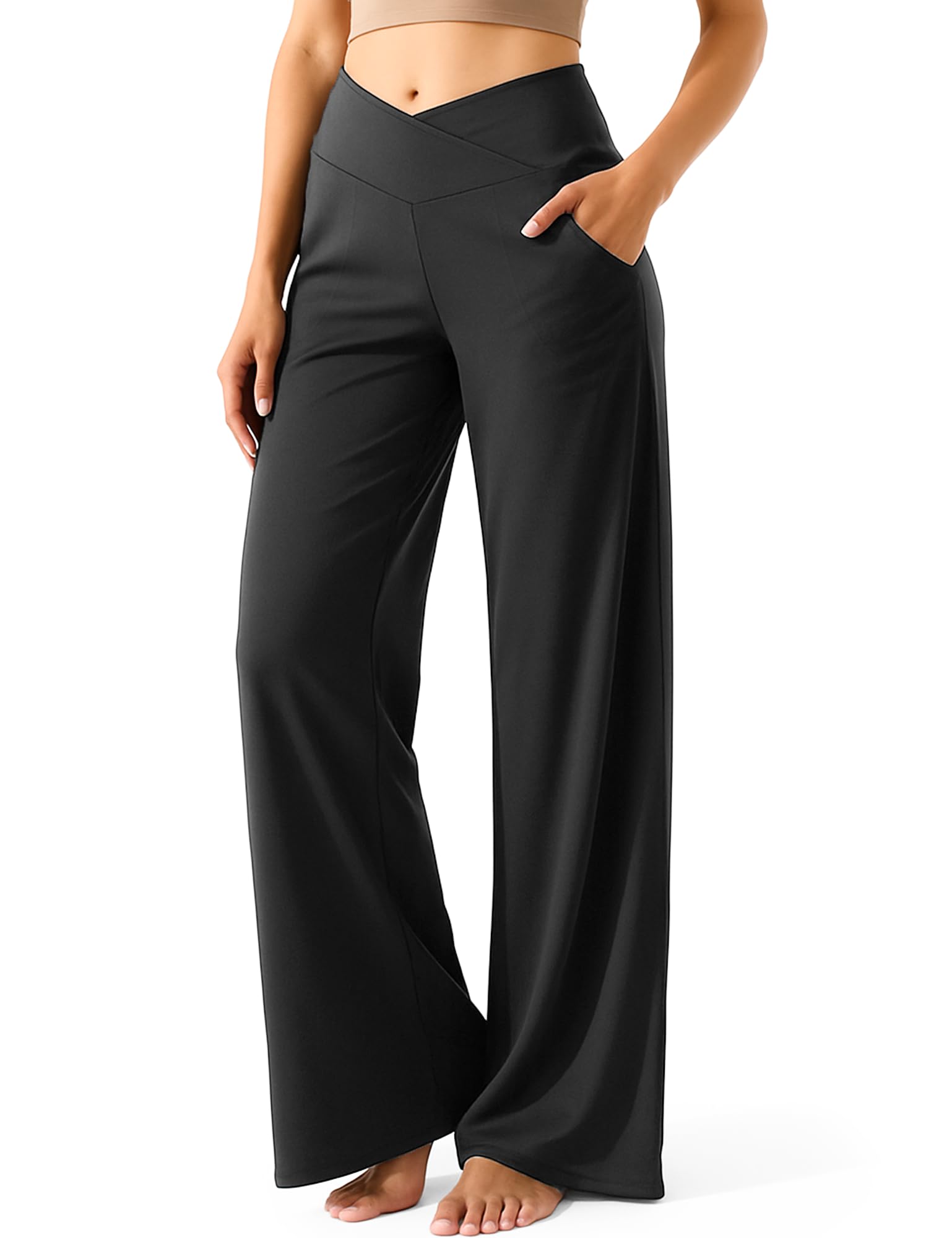 Wide Leg Yoga Pants for Women, Crossover High Waisted Lounge Pants with Pockets, Loose Straight Leg Casual Pants 29'' inseam Small Petite Black
