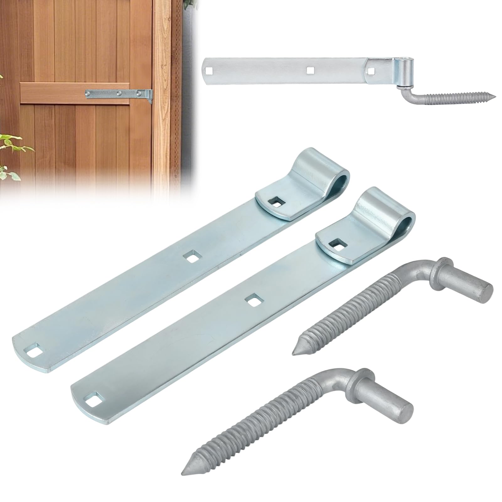 Gate Hinges, 2 Pack Zinc Plated Heavy Duty Gate Hinges, 300mm (12"), Hook and Band Cranked Necked Galvanised Hinges, for Wooden Gates/Fence/Shed/Barn Doors/Cabin Doors (A)