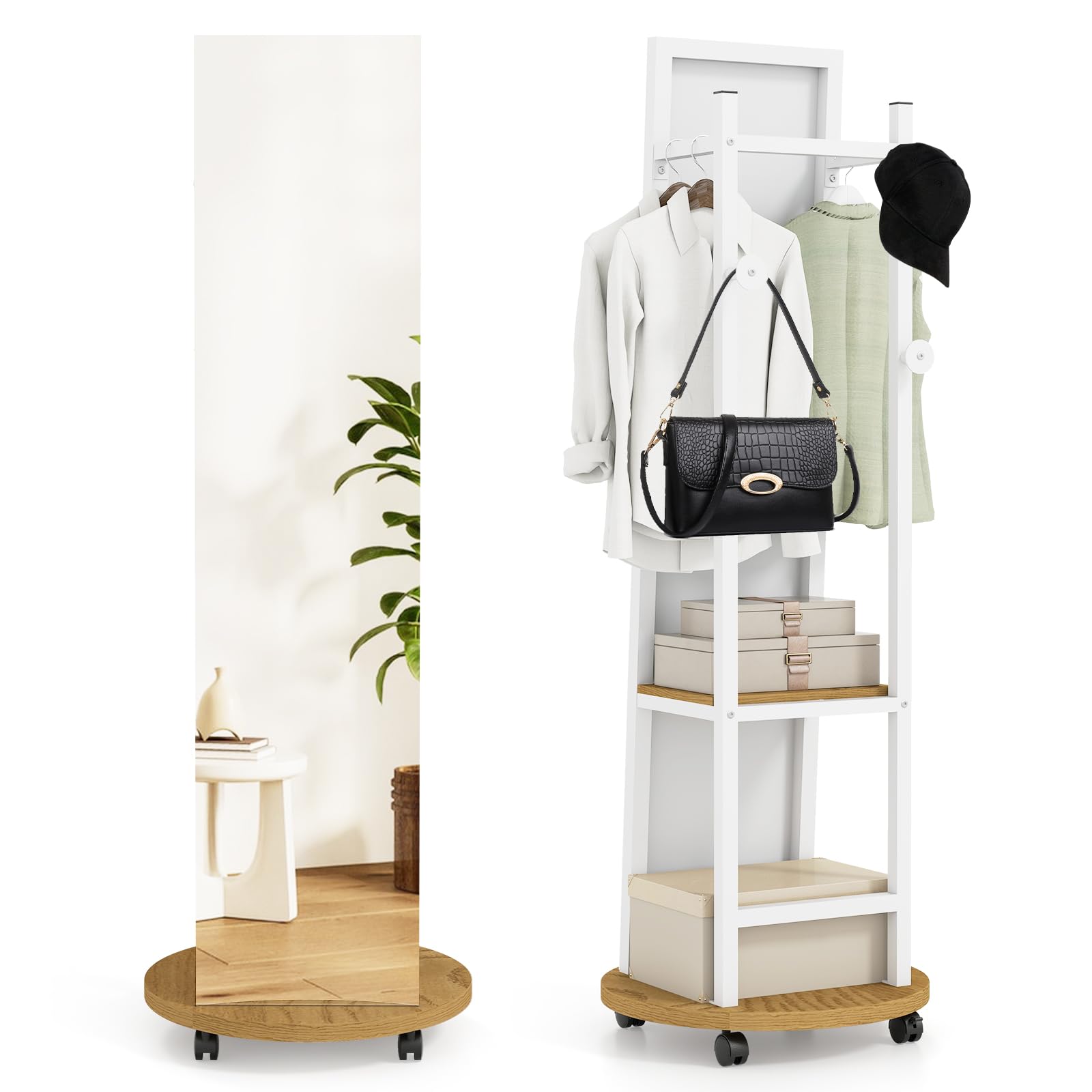 COSTWAY Miroir sur Pied Grand avec Porte-Manteau 4 Roues Pivotantes 360° 3 Crochets Cadre Métal 45 x 135 cm Blanc Naturel