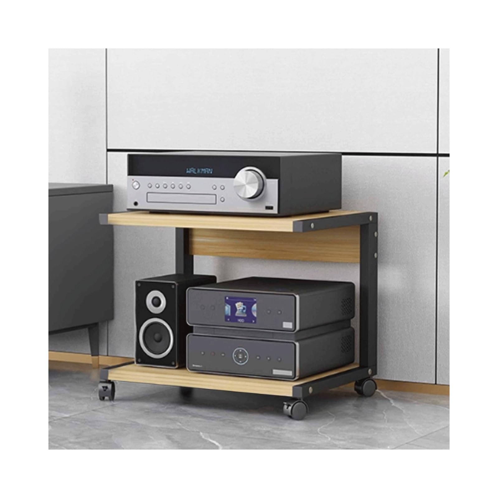 Meuble HiFi à roulettes en bois naturel avec deux plateaux ouverts