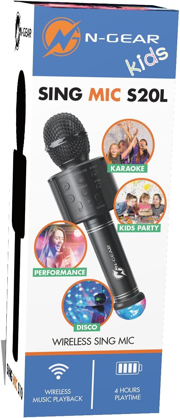 NGEAR SingMic S20L Bluetooth Karaoke Mikrofon mit 10W Max Leistung, 2 Zoll Lautsprecher, RGB Disco LED Beleuchtung, drahtloser Musikwiedergabe, Voice Effekten, MP3 über USB/MicroSD und AUX Ein/Ausgang