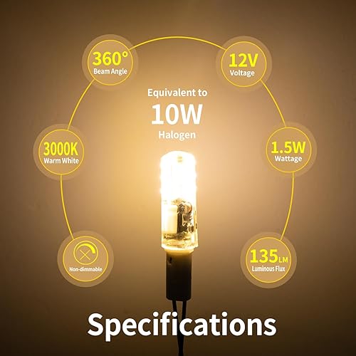 Miniatura 4 de 10 bombillas LED G4, luz blanca cálida de 3000 K, base bi-pin JC, 1.5 W ACDC 12 V, bombillas halógenas de repuesto T3 de 10 W-20 W, no regulables