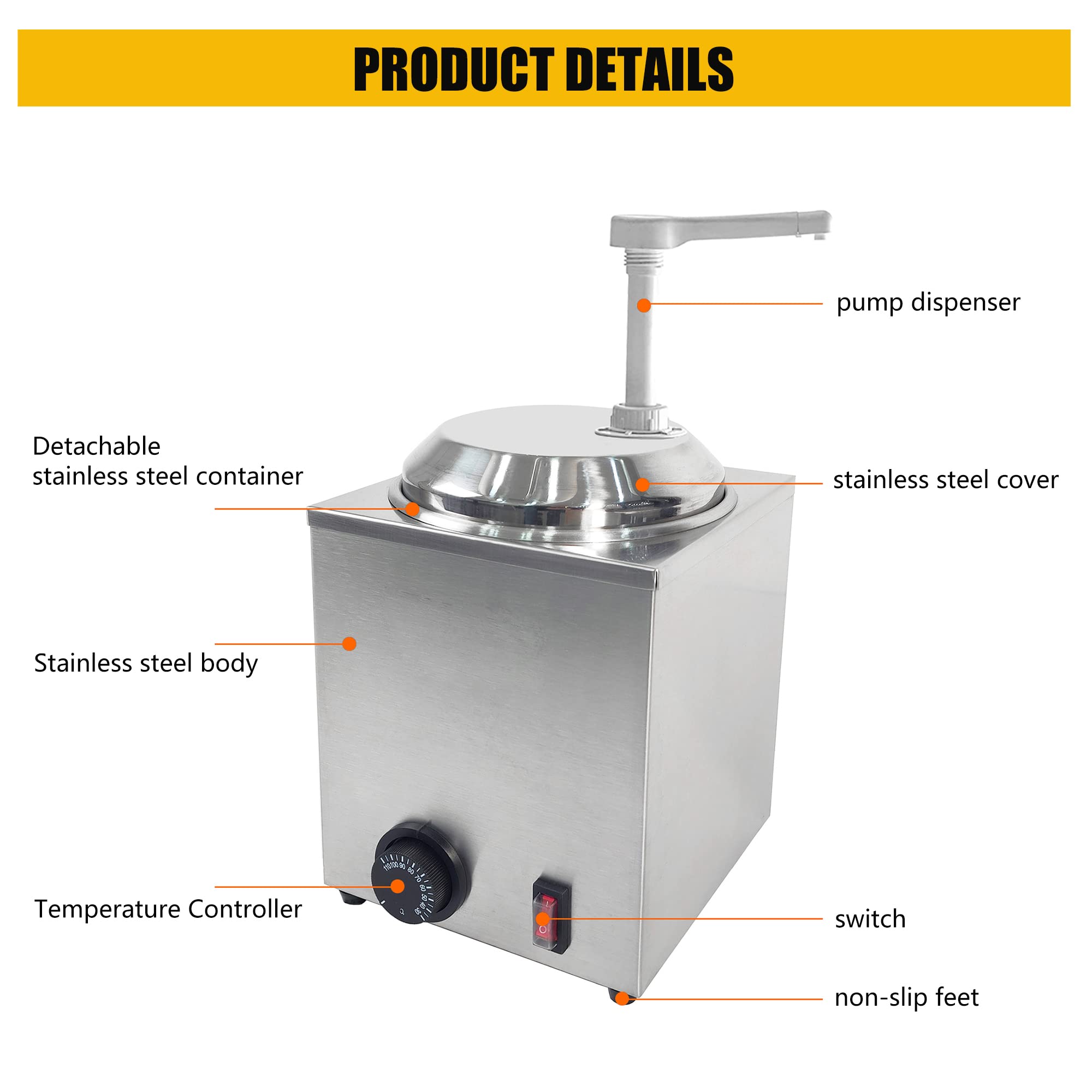 SNICE Electric Chocolate Warmer Dispenser - 3.0 Qt Stainless Steel, Temp Control For Nacho Cheese, Hot Fudge, Caramel