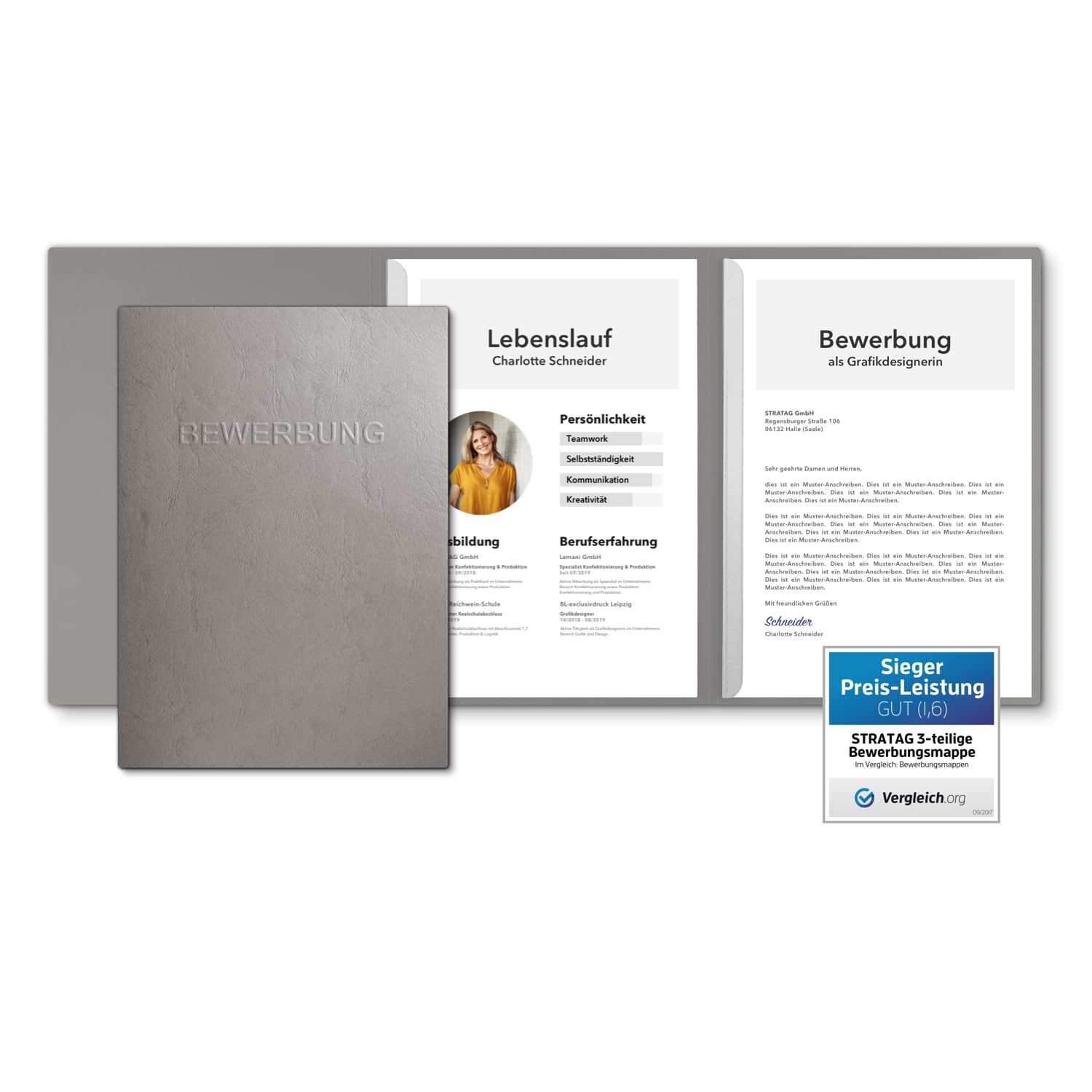 3 Stück 3-teilige Bewerbungsmappen Grau mit 2 Klemmschienen in feinster Lederstruktur
