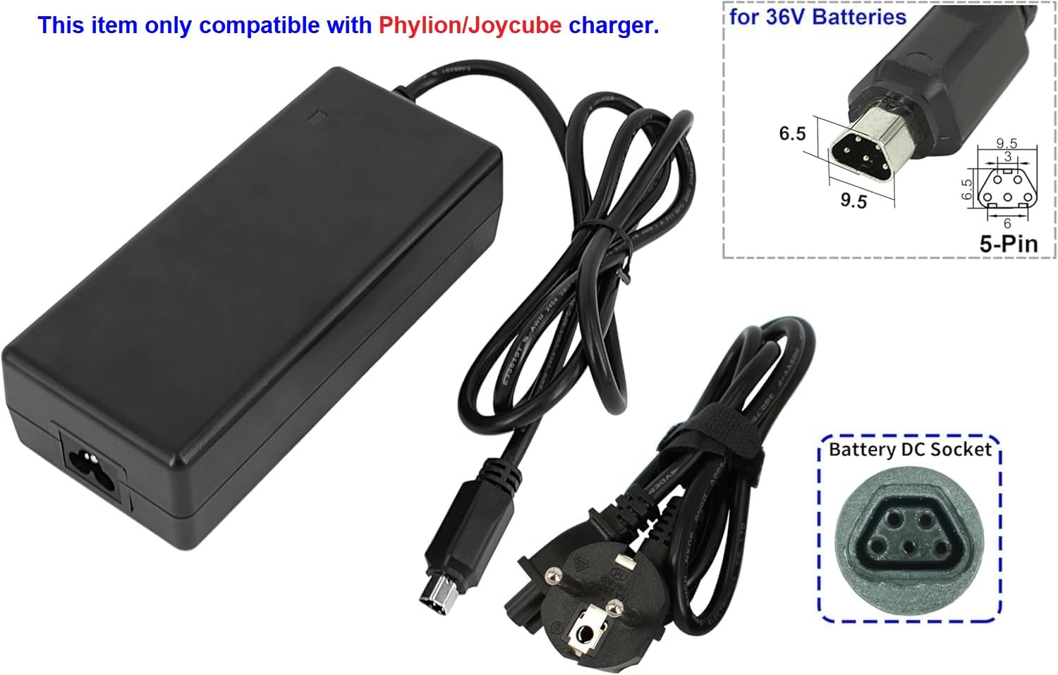 PowerSmart® Caricatore trapezoidale da 2 A, 5 pin, 42 V, compatibile con batterie al litio Joycube, Phylion 36 V