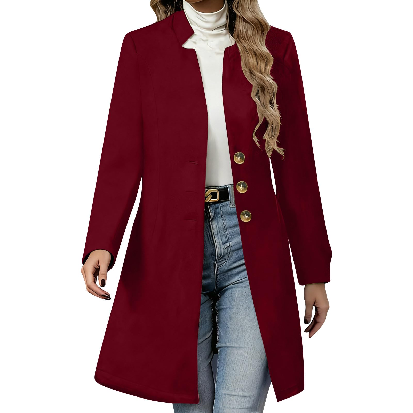Womens Long Sleeve Casual Wool Jacket Blazer Button Winter Coat Mid-Long Stand Collar Open Front Overcoat Fashion