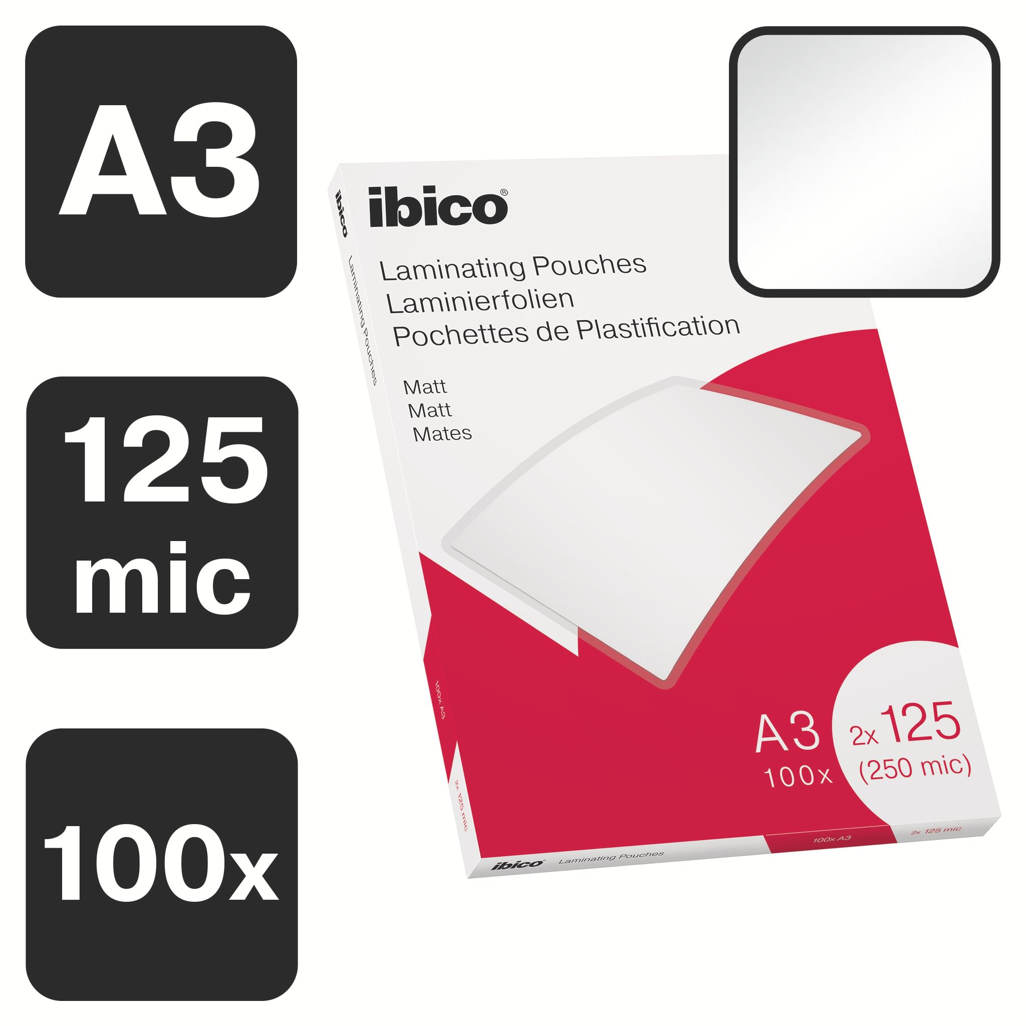 Ibico, Matowa Folia do Laminowania A3, 250 Mikronów, Przezroczysta, 100 Sztuk (627324)