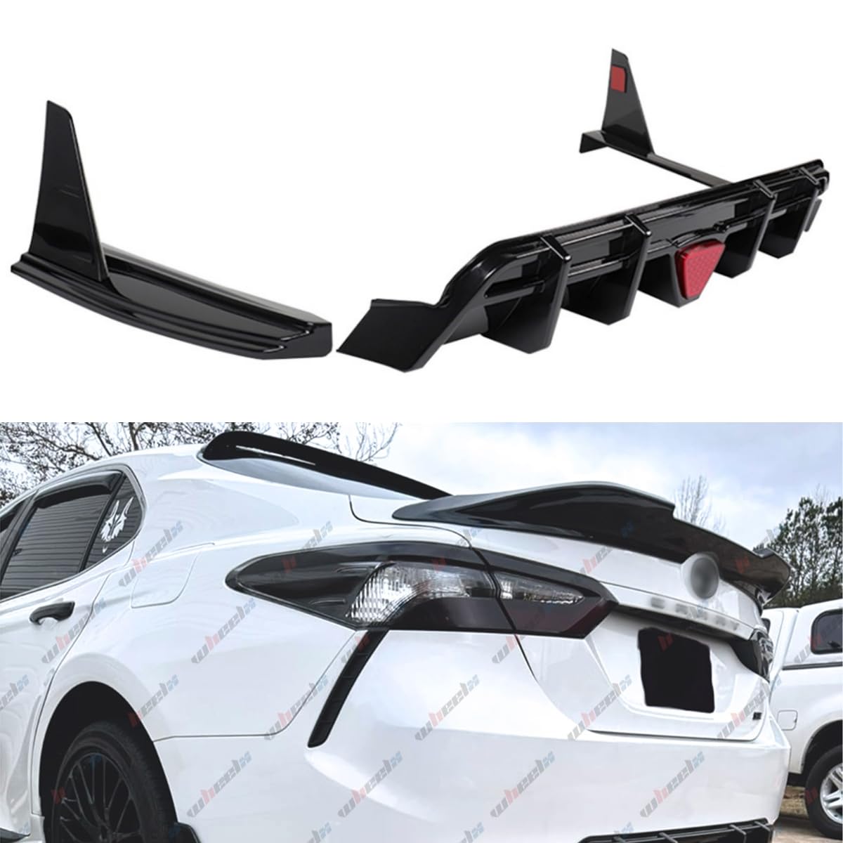 3pcs rear diffuser with led red brake light compatible with 2018-2023 toyota camry se xse, with corner winglet bumper splitter extension fit for 2018 2019 2020 2021 2022 2023 (glossy black)
