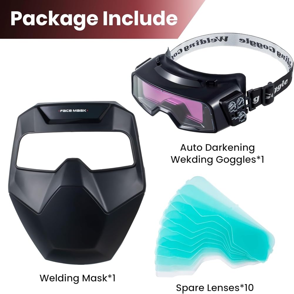 Lunettes de soudage obscurcissantes automatiques, large gamme 4/5-9/9-13, lunettes de soudeur avec masque de soudeur et 10 verres de rechange, masque de soudage compact et casque pour TIG