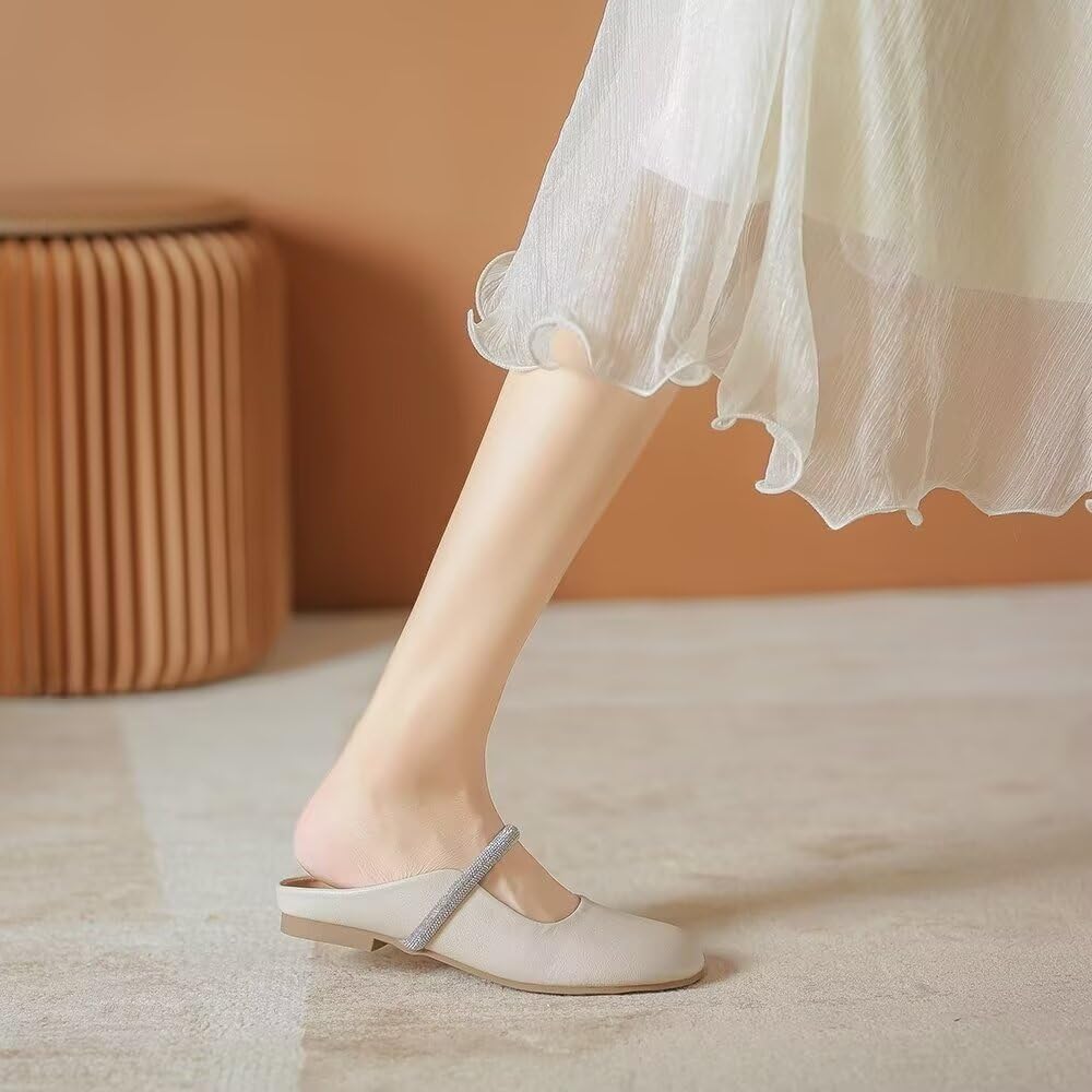 VFDB Women Mules Elegant Dressy Flats Closed Toe Microfiber Leather Shoes Adjustable Buckle Strap Mary Jane Casual Office Shoes