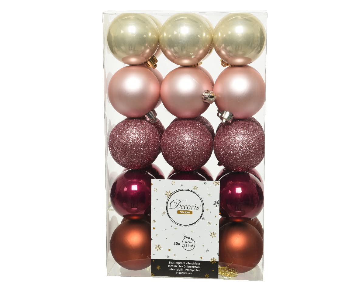 Decoris Set Of 30 Pink Christmas Tree Baubles Blush Pink Gold Orange Mix 60mm Hanging Tree Decorations