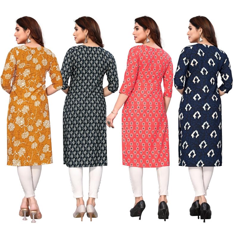 Image of JAKHANA Women's Crepe Printed Casual Straight Calf Length Round Nick Kurta Pack of 4