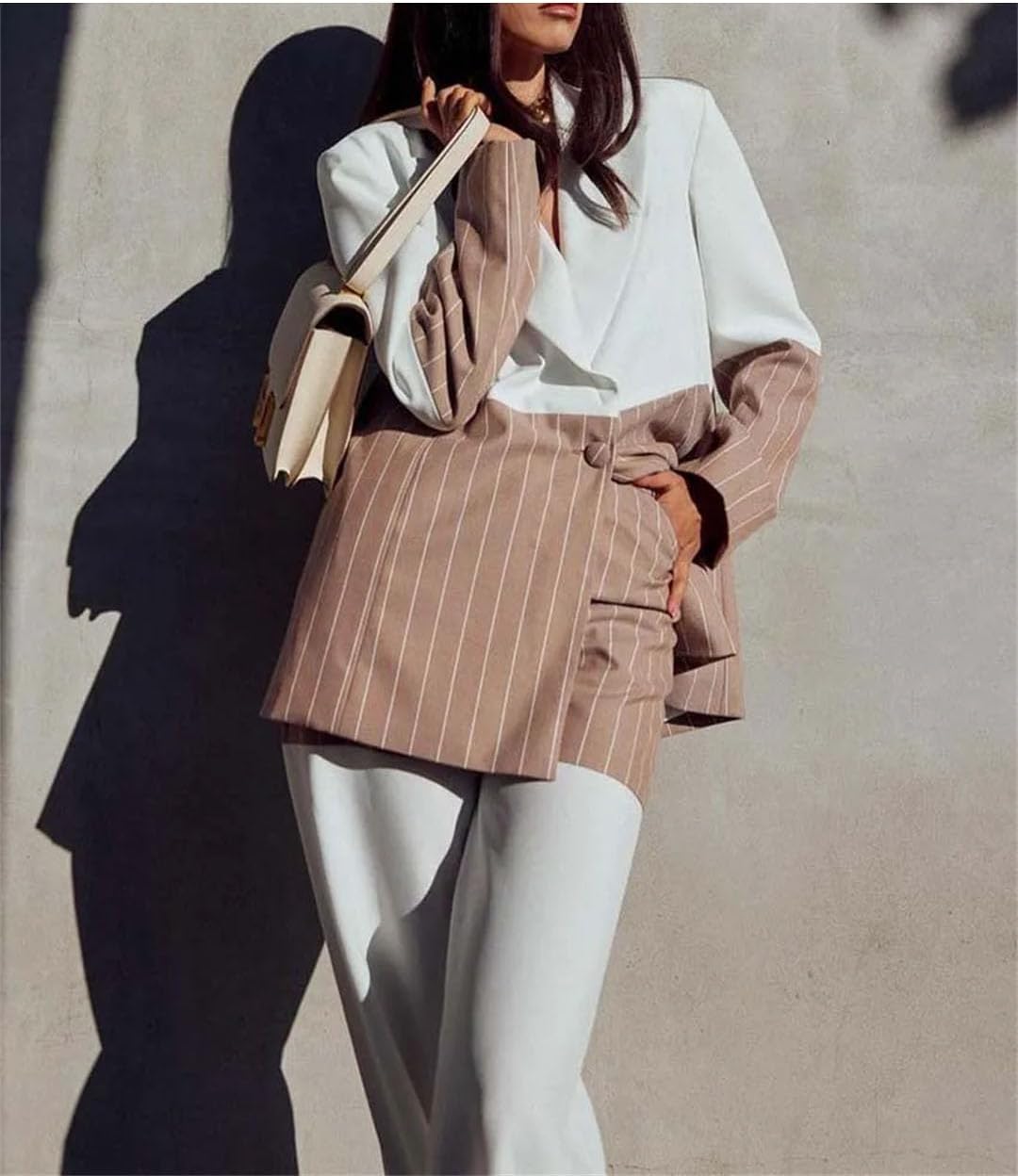 Women White Print 2 Piece Sets Long Sleeve Patchwork Single Button Shirts and Straight Trousers Set
