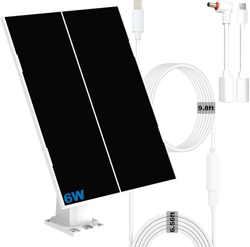 6W Solar Panel Charger for Outdoor Security Camera | 16ft Waterproof Cable & 360° Adjustable Bracket, Fits 5V Battery Cam and Device with DC 3.5×1.35mm / USB-C / Micro USB Ports