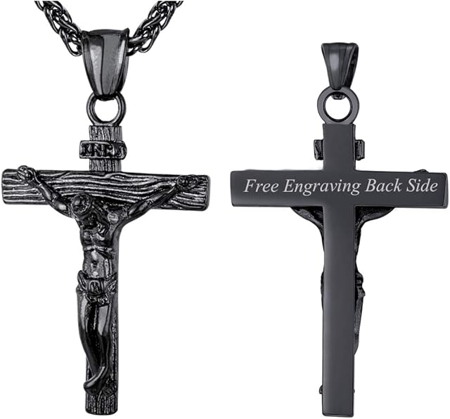 U7 Vintage INRI Jesus Cross Pendant Necklace Bracelet for Men Women, Amulet Christian Jewellery, Engrave Text Available, Adjustable Chain, Come Gift Box