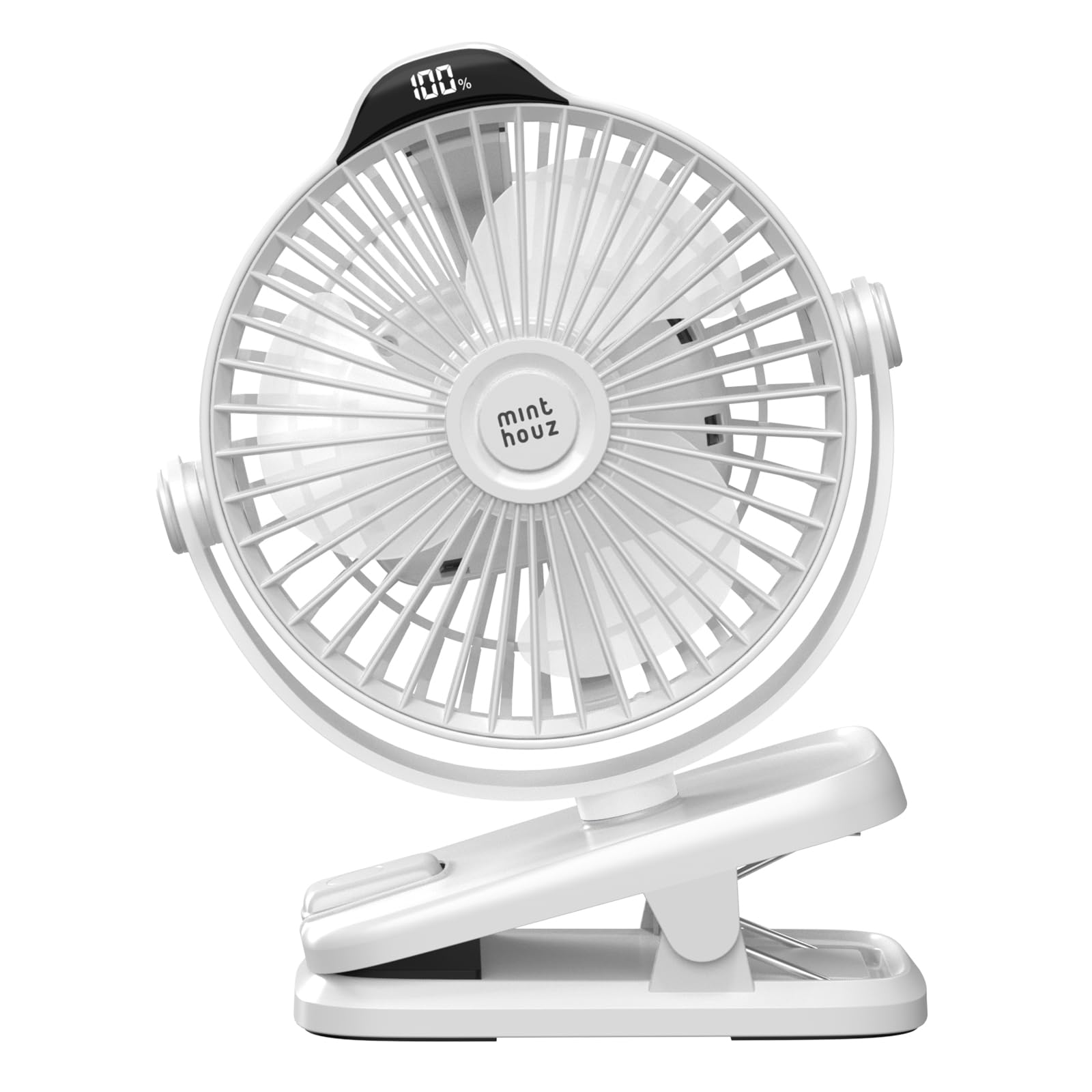 Minthouz Clip on Fan, 8000mAh USB C Rechargeable Small Desk Fan with Battery Level Indicator, 5 Speeds 360° Rotation Adjustable Low Noise, Ideal for Outdoo Camping/Stroller/Home/Office - White
