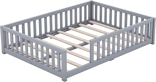 Miniatura 7 de Cama de suelo de tamaño matrimonial para niños, cama Montessori de madera con rejillas, valla de seguridad y puerta, marco de cama de piso con