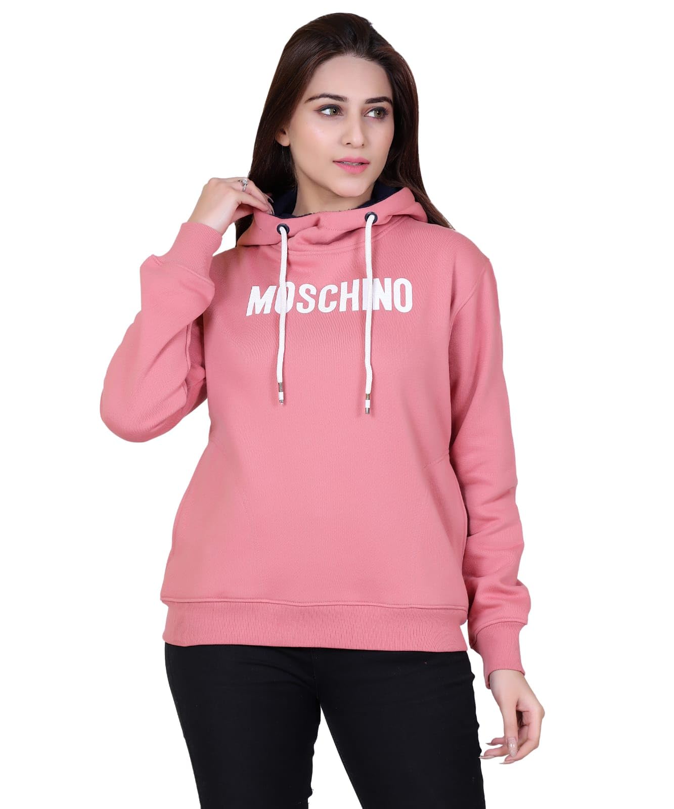 hold Pink Fleece Women's Hooded Sweatshirt, Solid Color Pullover with Drawstring, Long Sleeve-picture-24